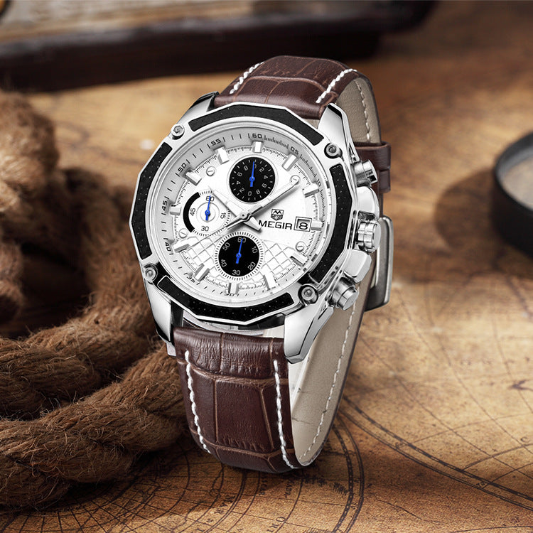 Men's multi-function leather watch