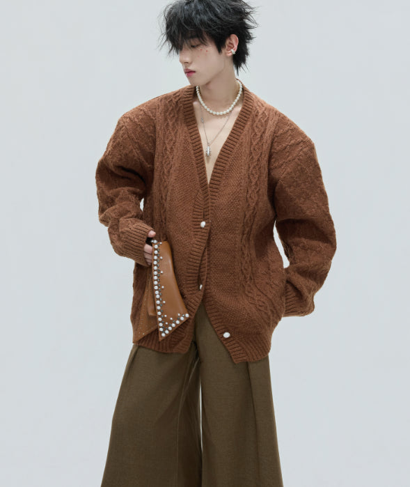 Vintage Handmade Pearl Padded Lapel Knitted Cardigan