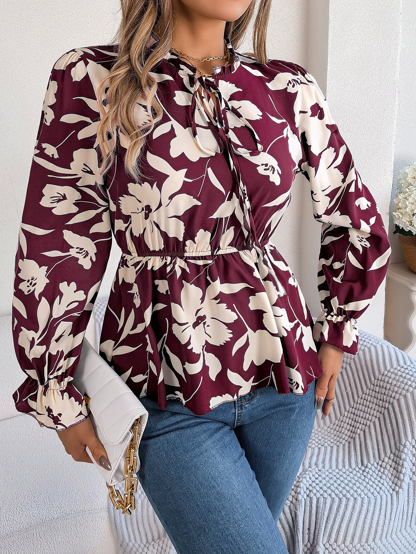Women's Floral Tie-Waist Long Sleeve Chiffon Top