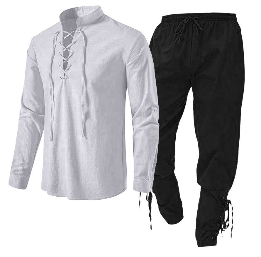 Men's Long Sleeve Linen Cotton Shirt Casual Solid Color Two-Piece Set