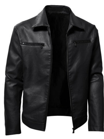 Winter Business Gentleman Thermal Zipper Cardigan Pocket Decorative PU Leather Coat