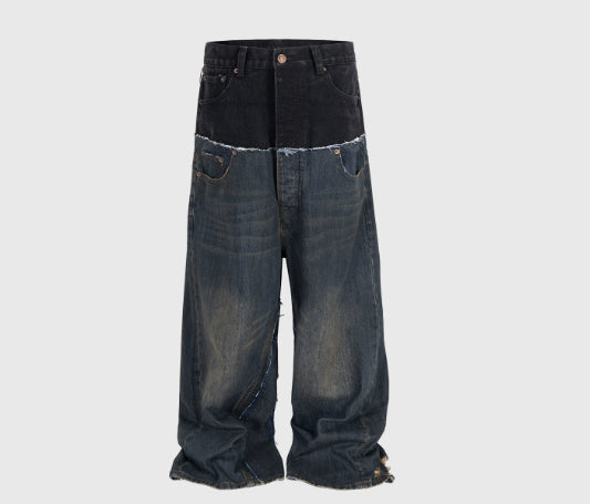 Cat Whisker Distressed Long Pants Unisex Double Waist Patchwork Jeans