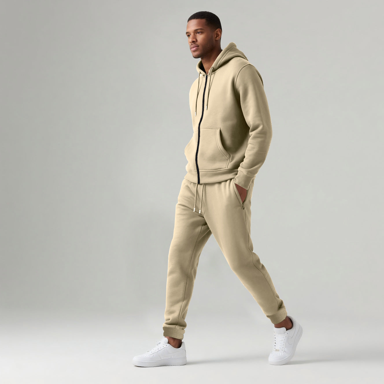 Men's Solid Color Long-sleeve Long Pants Hooded Sportswear Set