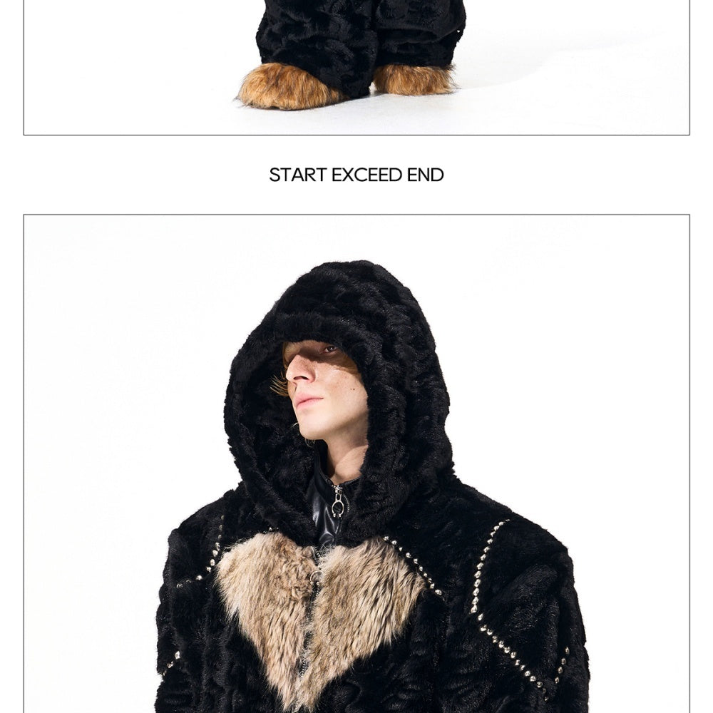 Color-blocked Heart-patterned Thick Faux Fur Hooded Jacket