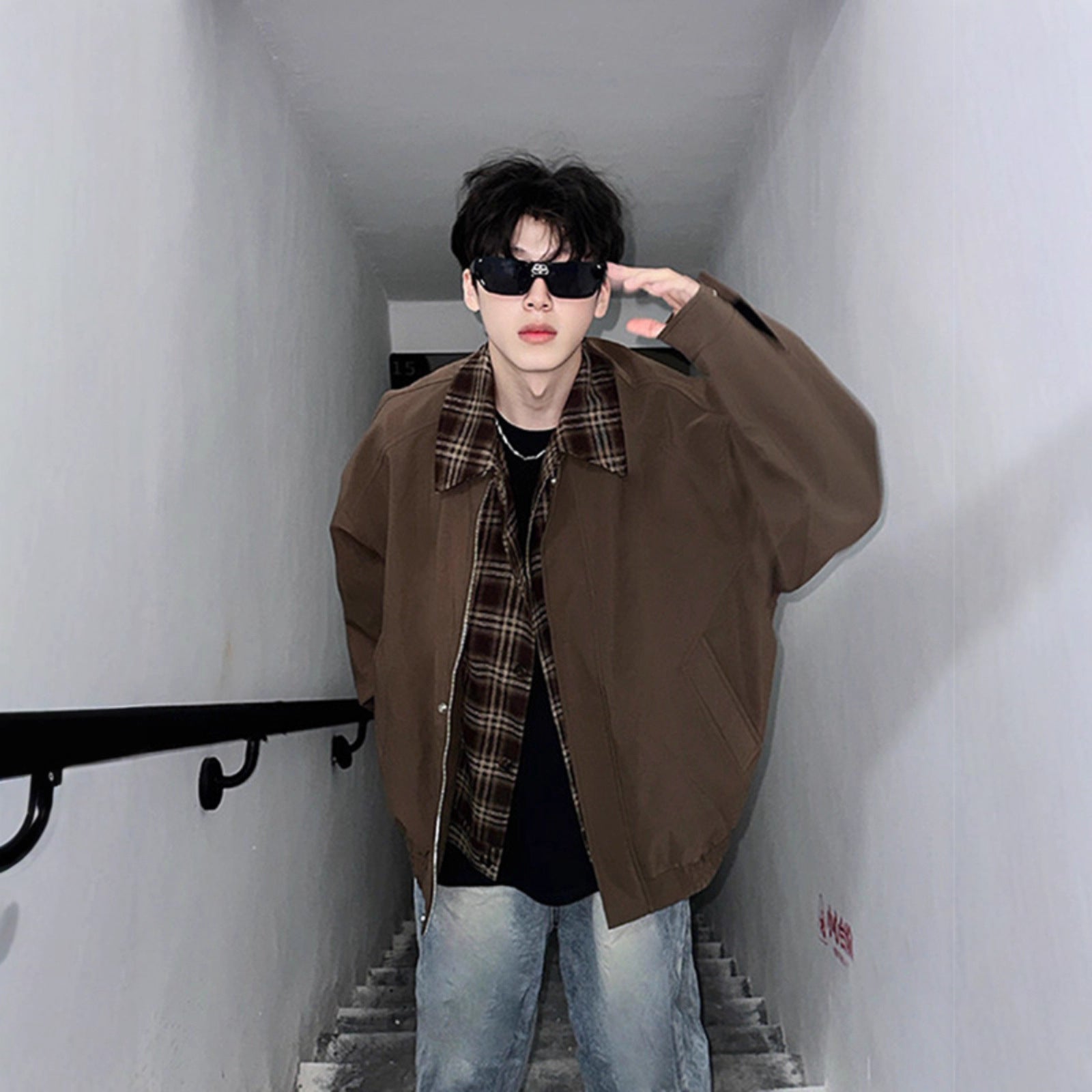 Men's Springautumn Maillard Outfit Fake Two-piece Jacket