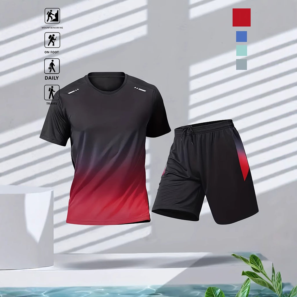 Gradient Motion Fitness Wear Summer Casual Set Short Sleeve Shorts