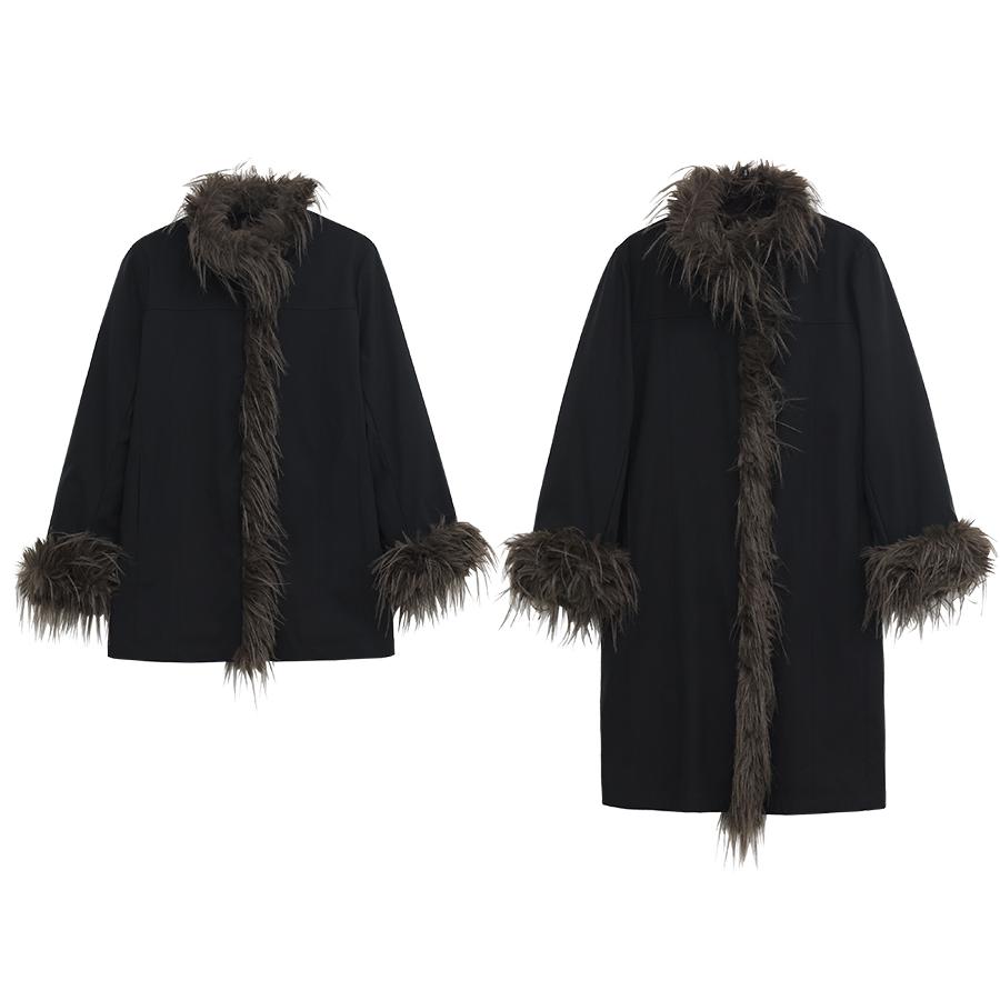 Female Plush Inner Stand Collar Black Cotton Jacket