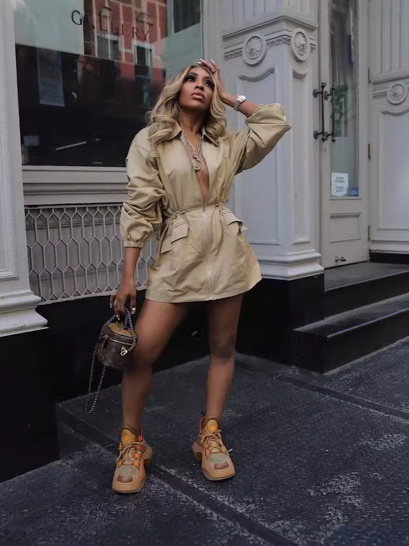 Drawstring Waist Mid-length Trench Coat For Women