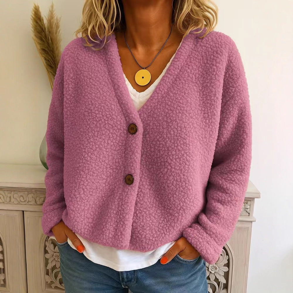 Casual V-neck Long Sleeve Cardigan Solid Color Fleece Button Coat