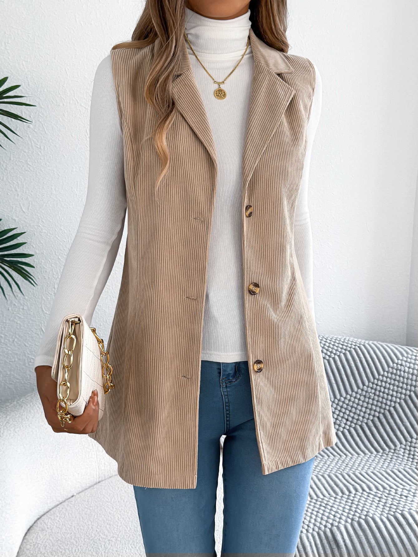 Women's Casual Single-Breasted Blazer Lapel Corduroy Vest Jacket