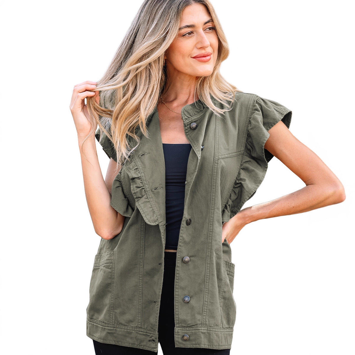 Green Bay Ruffled Patchwork Denim Jacket Vest