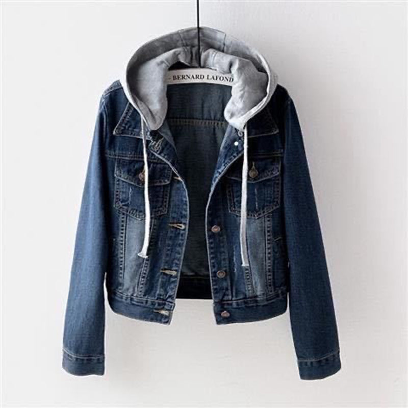 Plus Size Women's Denim Short Jacket, Hooded Cropped Zip-Up Coat With Pockets For Street Style Layering