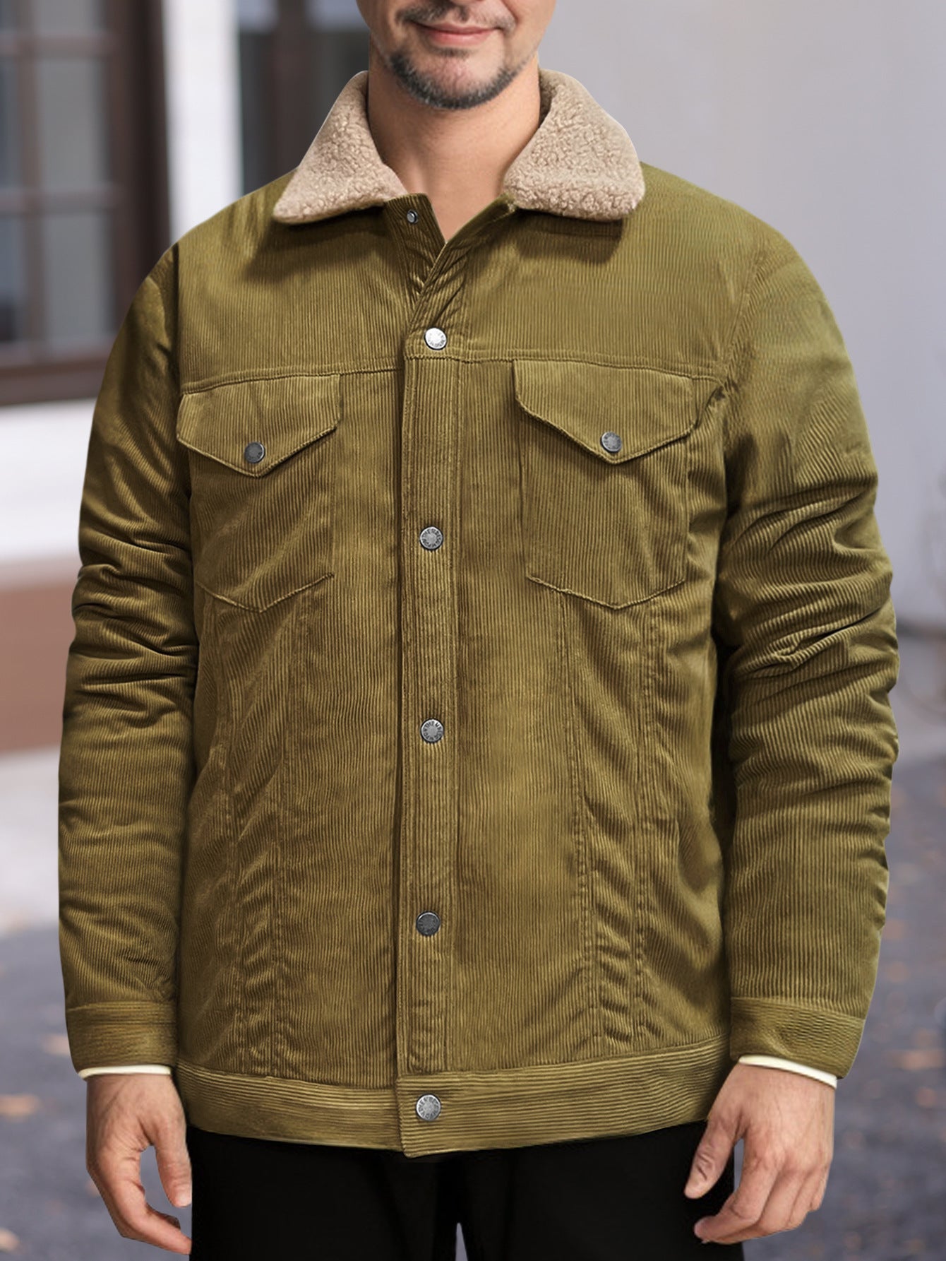 Men's Long Sleeve Lapel Corduroy Fleece-lined Jacket