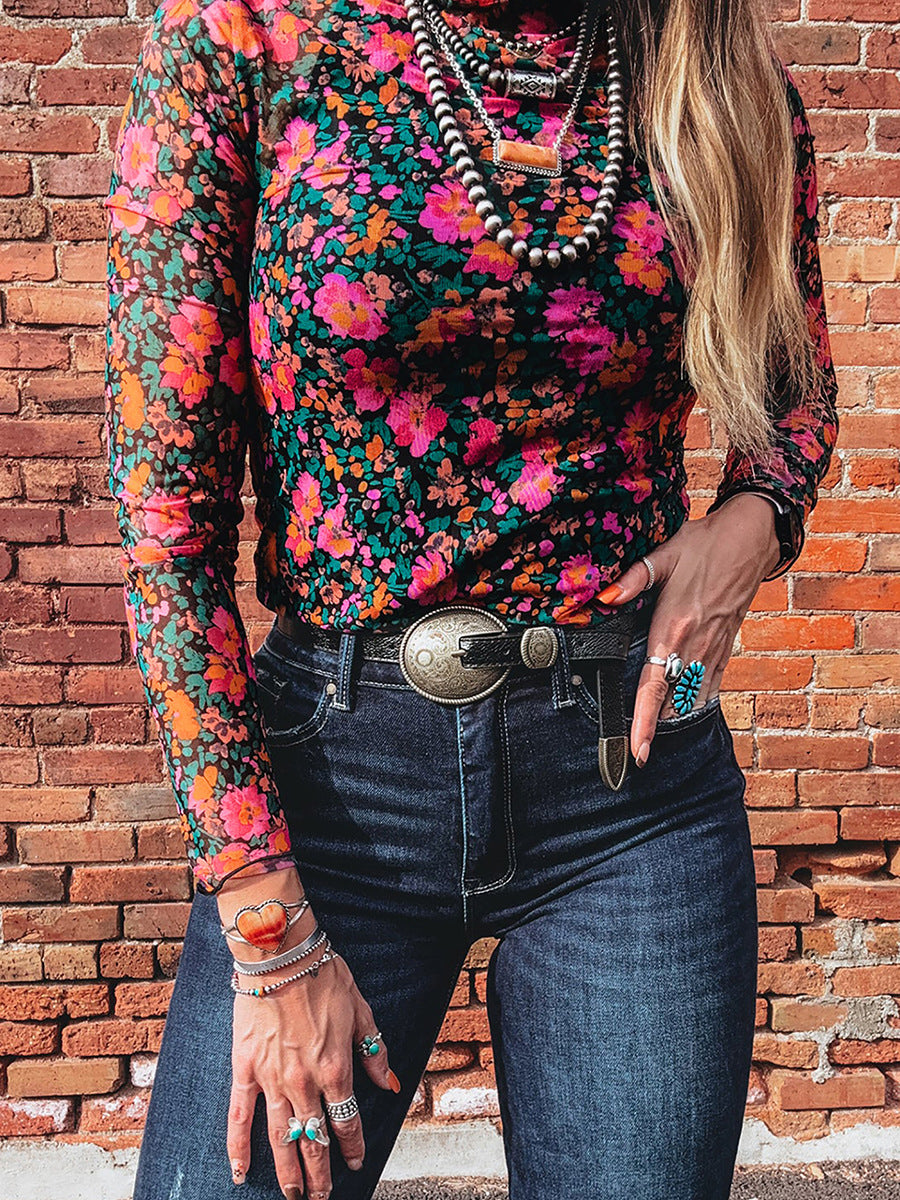 Women's Round-neck Fashionable Versatile Floral-print Top