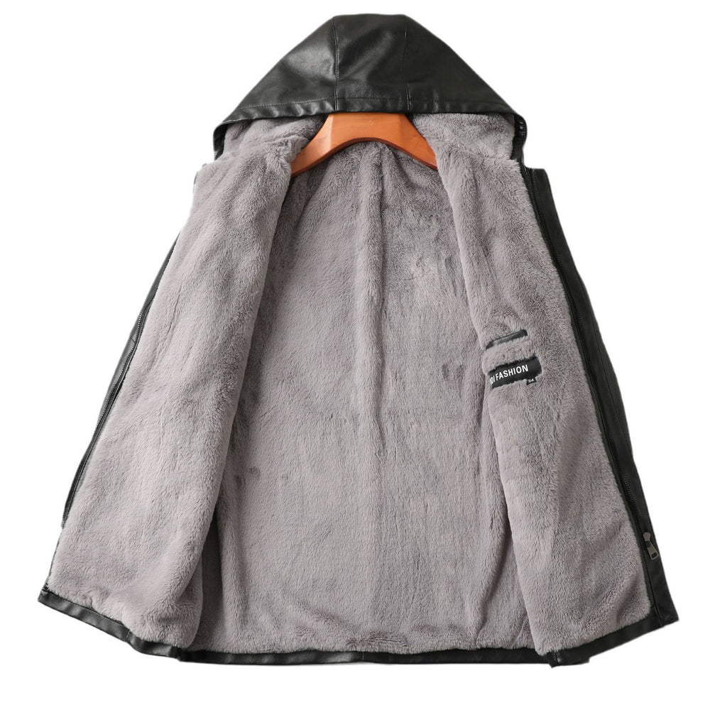 Mid-length Hooded Men's Leather Jacket Fleece-lined Thickened