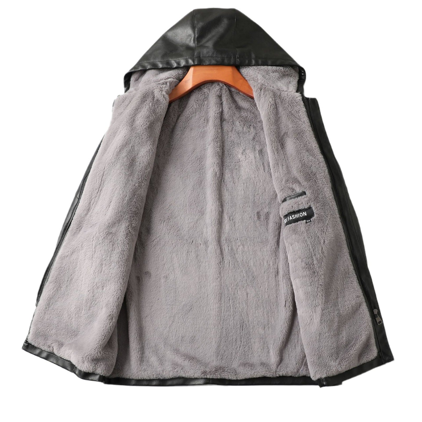 Mid-length Hooded Men's Leather Jacket Fleece-lined Thickened