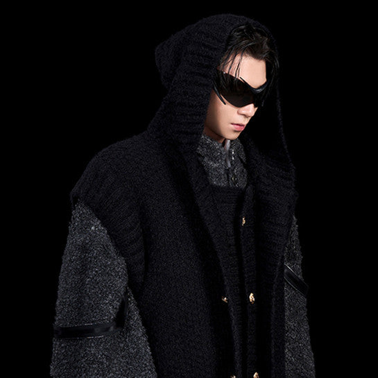 Fake Two Pieces Placket Hooded Sweater Coat