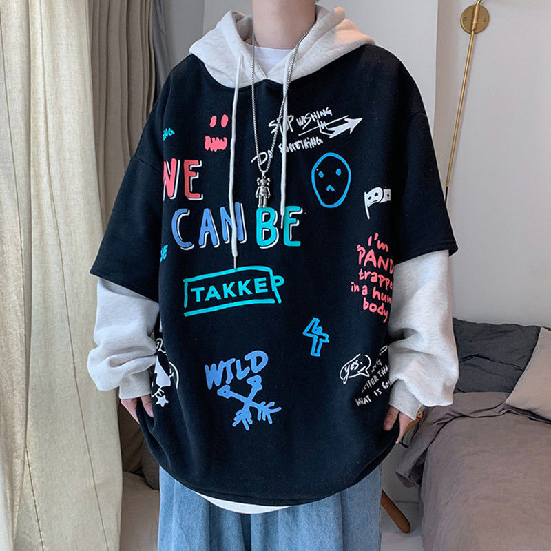 Men's Hooded Sweatshirt Loose Korean Style Fake Two-piece