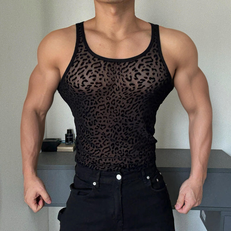 Leopard Print Cutout See-through Vest For Men Sleeveless T-shirt Breathable Disco Vest Base Layer