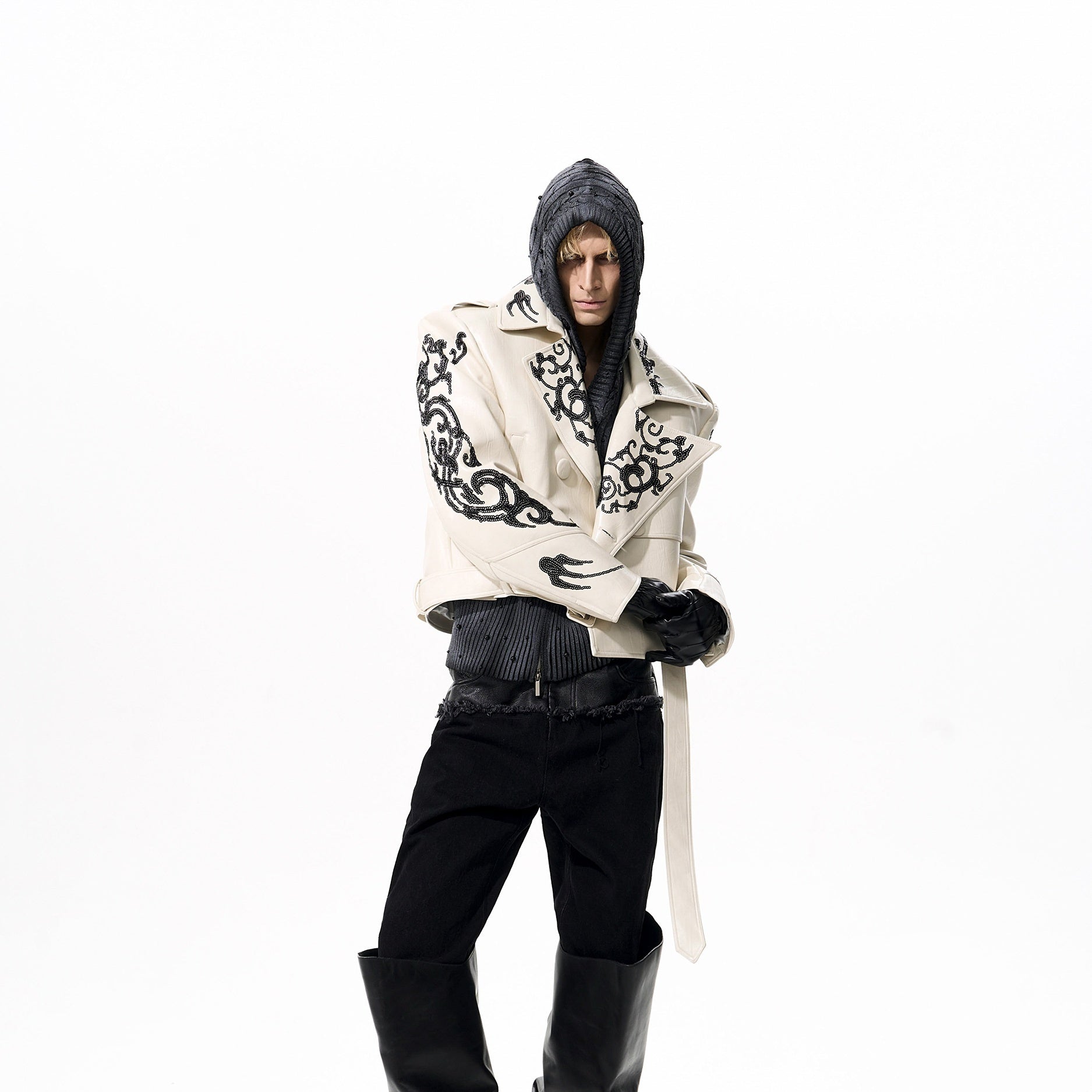 Lapel Pu Handsome Sequins Cropped Leather Coat Men