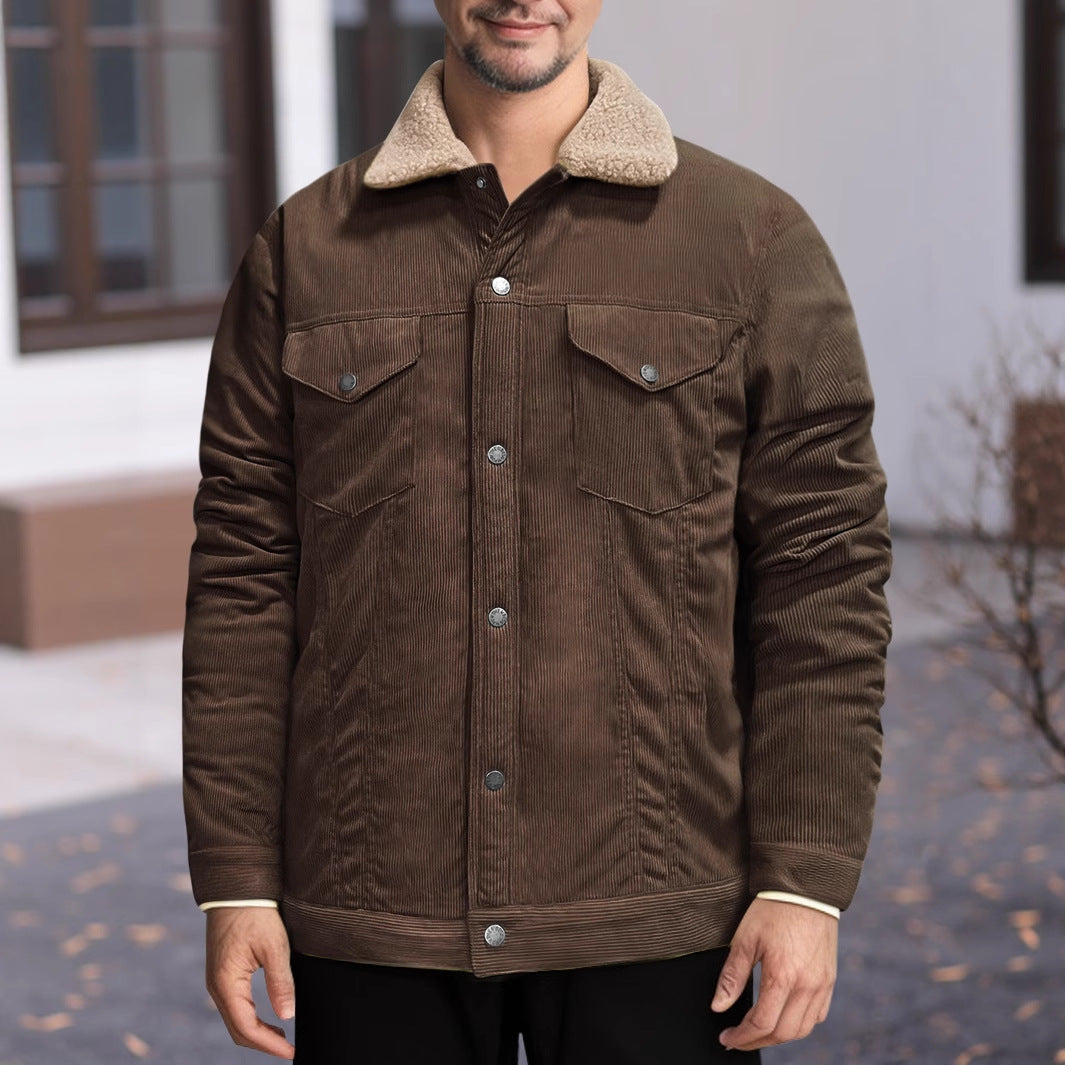 Men's Long Sleeve Lapel Corduroy Fleece-lined Jacket