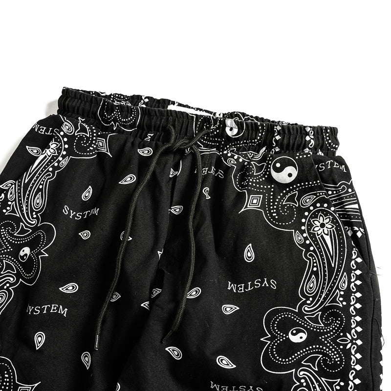 Men's black cashew flower print pocket casual pants