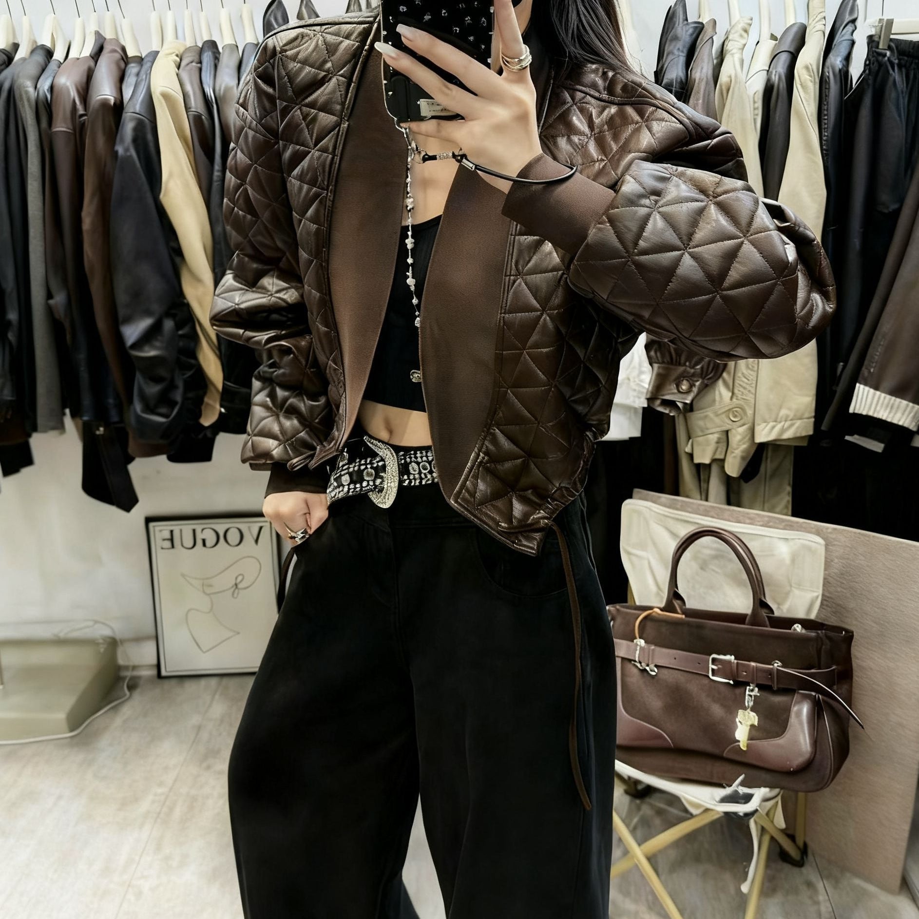 Temperament Long-sleeve Plaid Loose Cotton-padded PU Leather Jacket