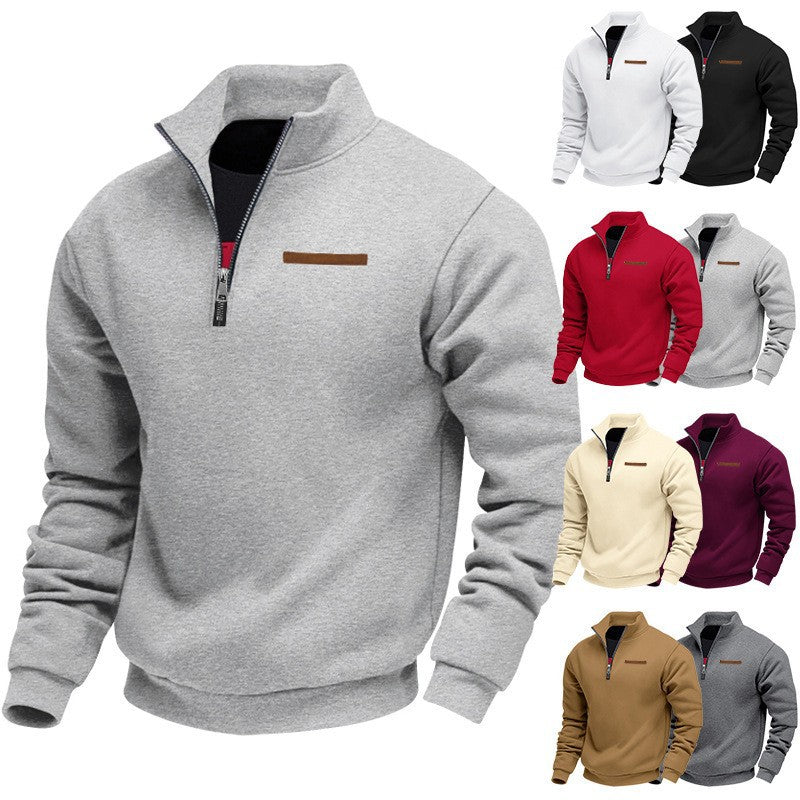 Fleece-lined Mid-length Zip-up Loose-fit Stand-up Collar Casual Hoodie