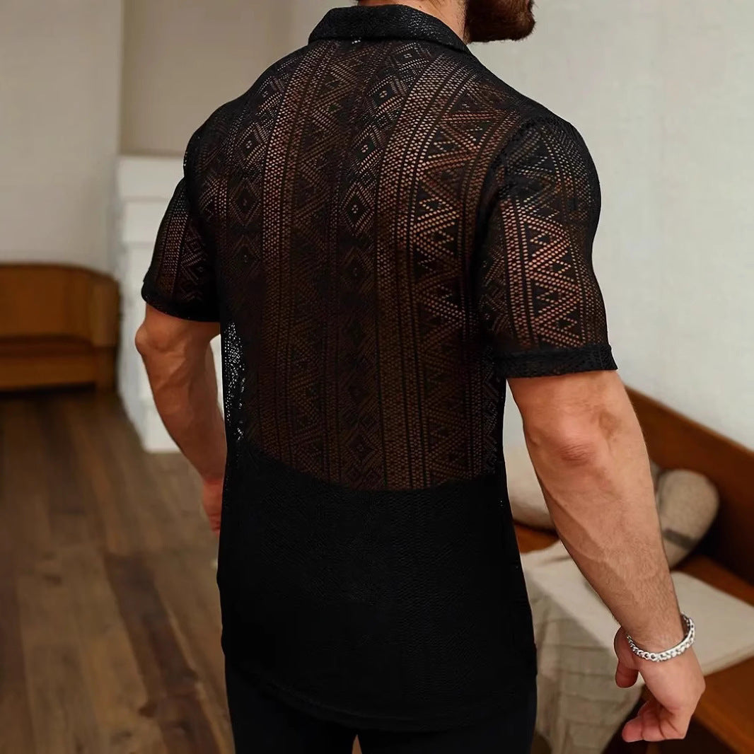 Men's Casual Lace Transparent Short-sleeved Shirt