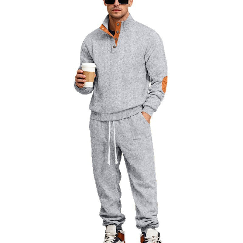 Men's Loose Stand Collar Henley Sweatshirt Casual Pants Set