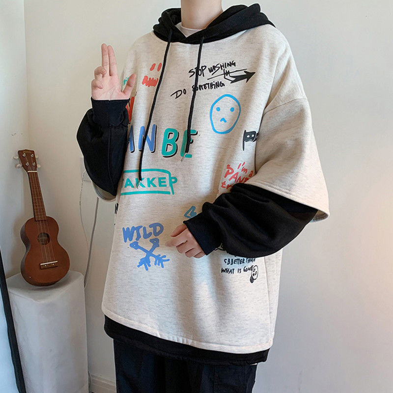 Men's Hooded Sweatshirt Loose Korean Style Fake Two-piece