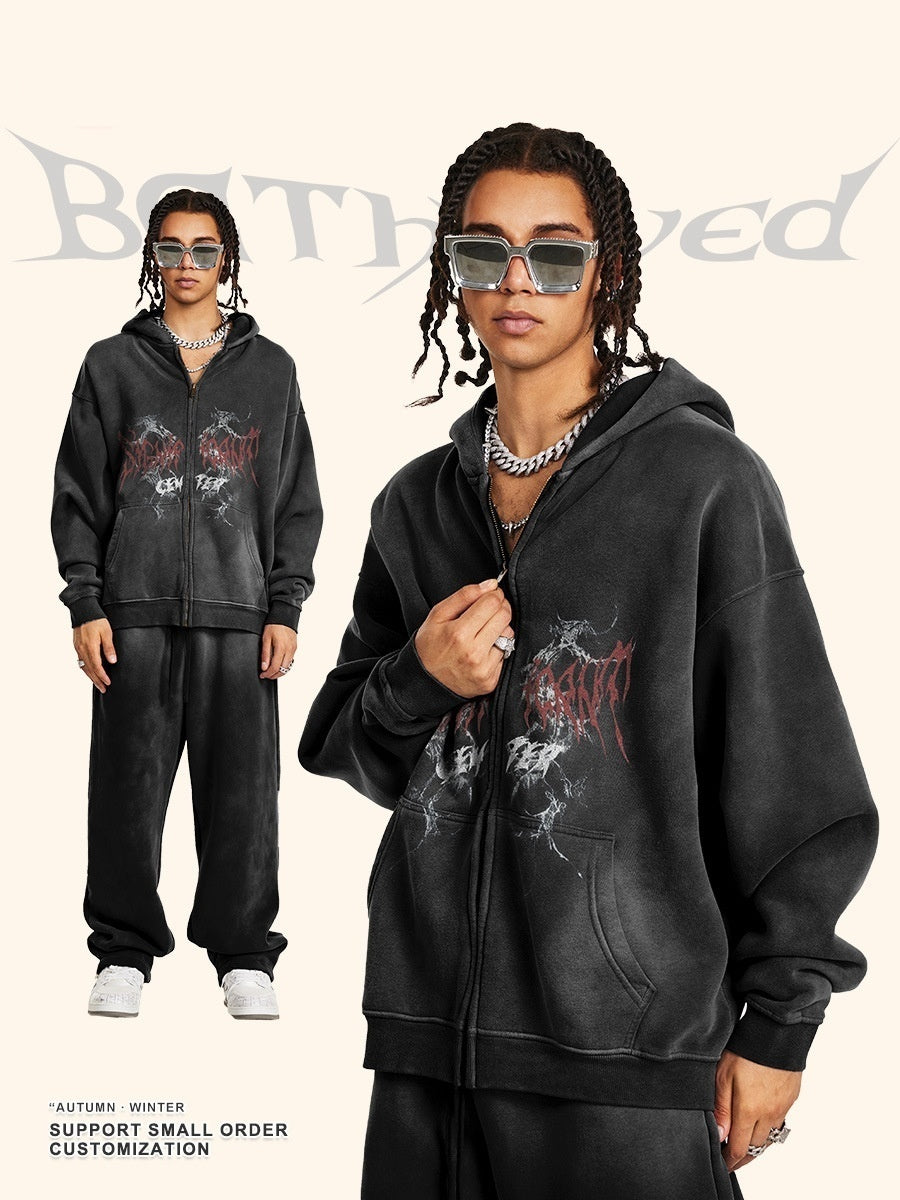 Gothic Style Zippered Hooded Sweatshirt Cardigan Jacket For Men