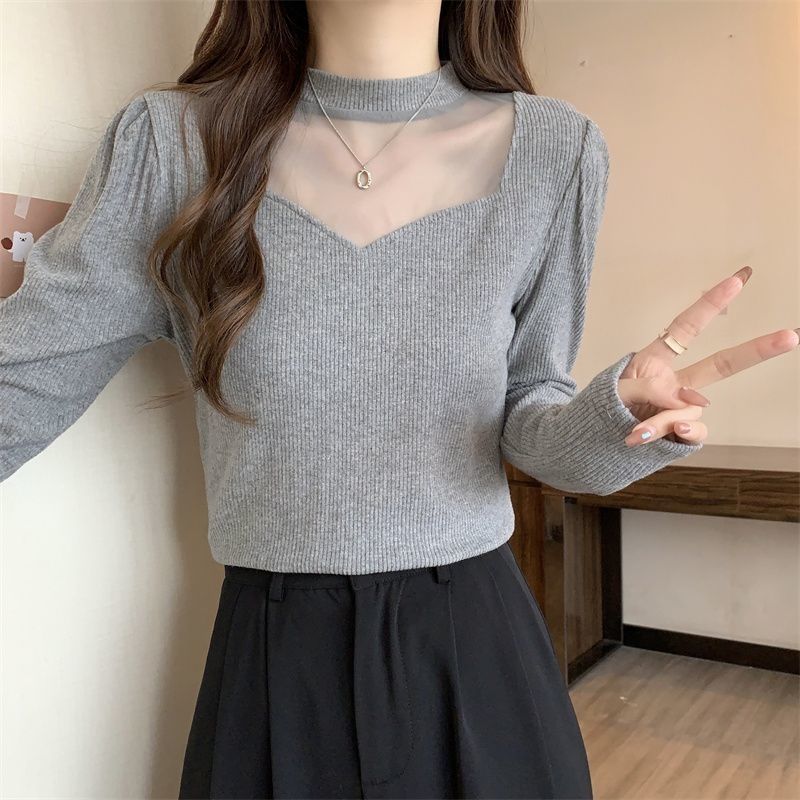 AutumnWinter Thin Mesh Knitted Solid-color Women's Top With Tummy-Contouring Design
