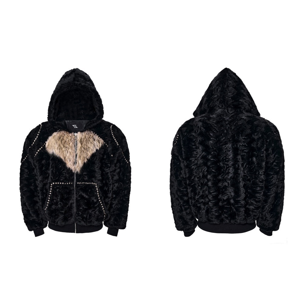 Color-blocked Heart-patterned Thick Faux Fur Hooded Jacket