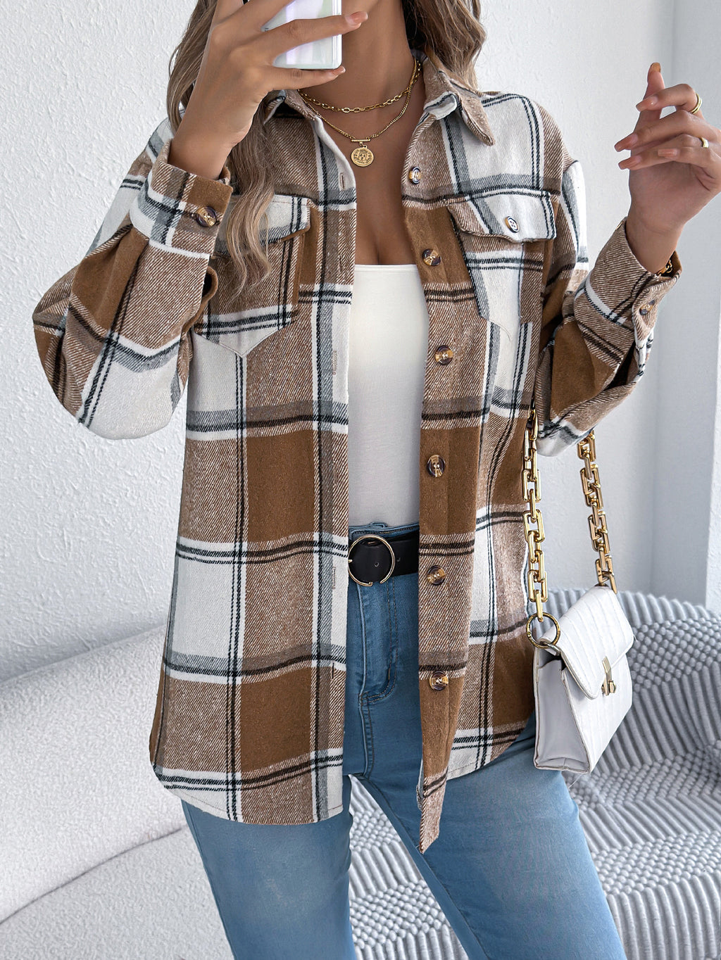 Women's Casual Plaid Fake Pocket Long Sleeve Tweed Mid-Length Coat