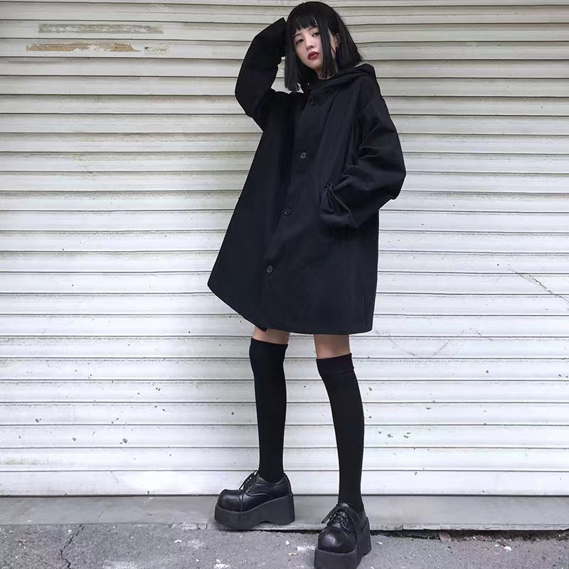 Dark Hooded Loose Coat Women's Clothing