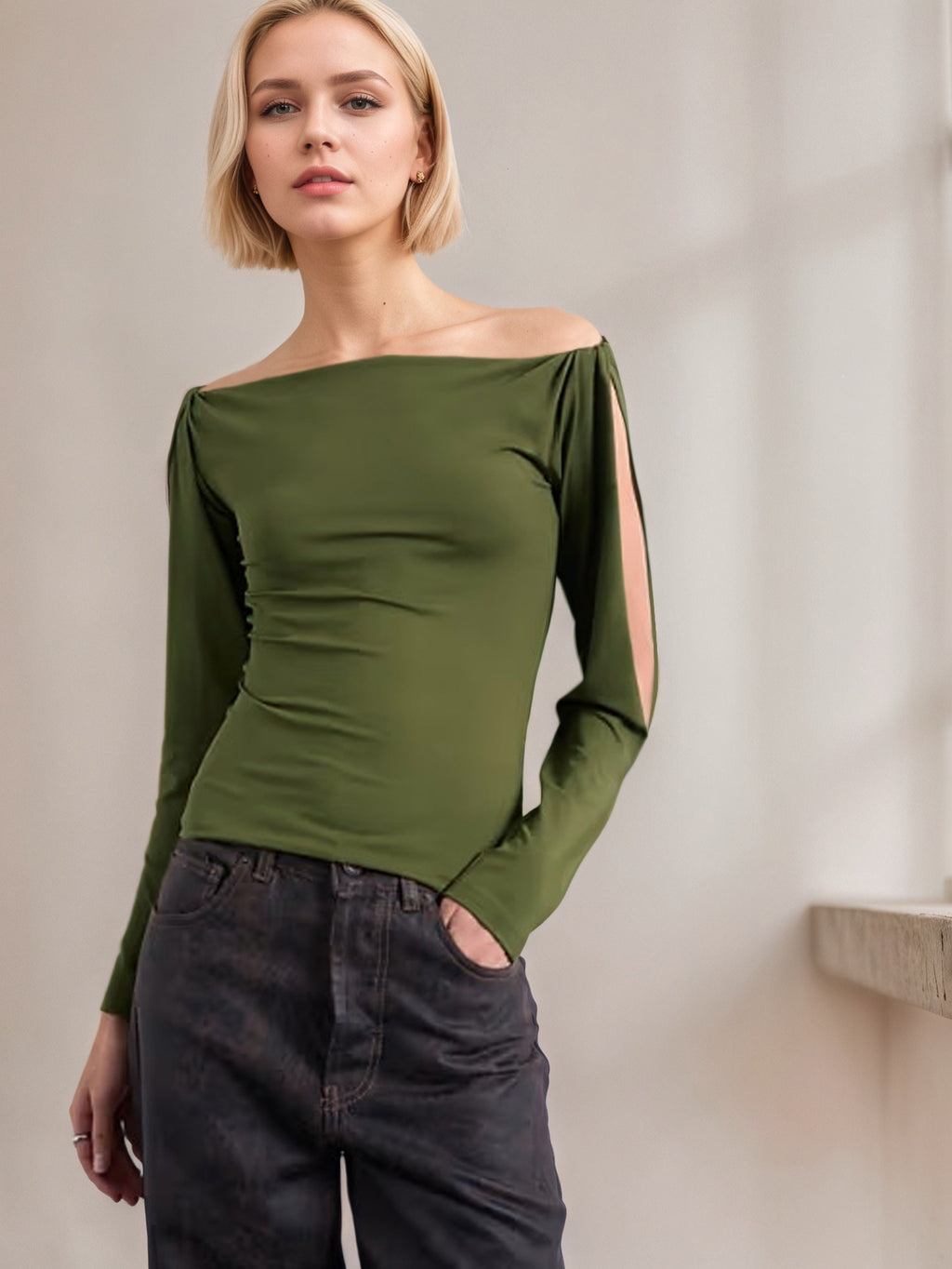 Women's Knit Top With A Boat Neckline Off-the-shoulder Design Long Sleeves Personalized Hollow-out Detailing And Twisted Cuff Accents For A Figure-hugging Fit
