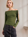 Women's Knit Top With A Boat Neckline Off-the-shoulder Design Long Sleeves Personalized Hollow-out Detailing And Twisted Cuff Accents For A Figure-hugging Fit