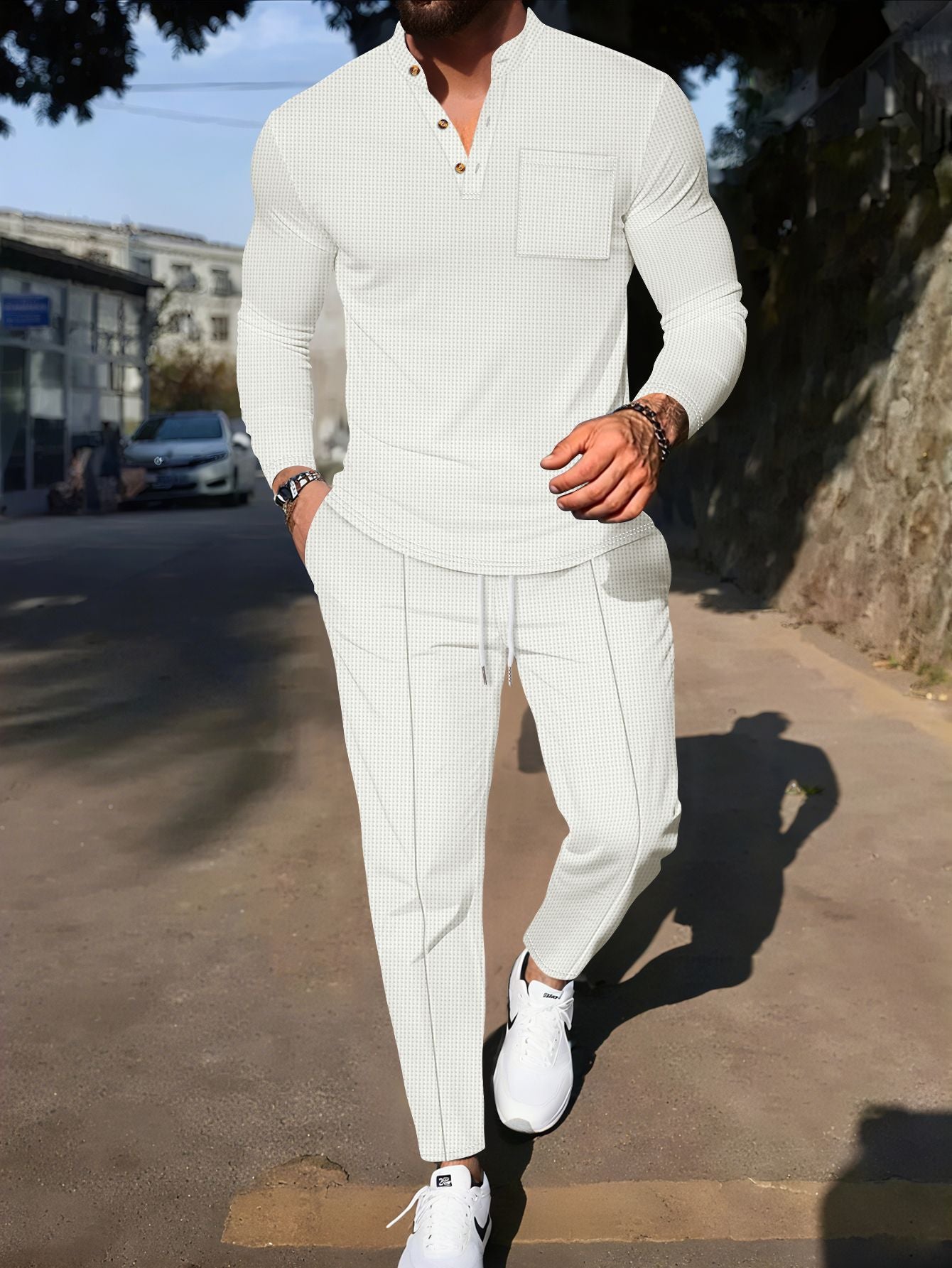 Men's Waffle Henley Neck Pants Long Sleeve T-Shirt Casual Set