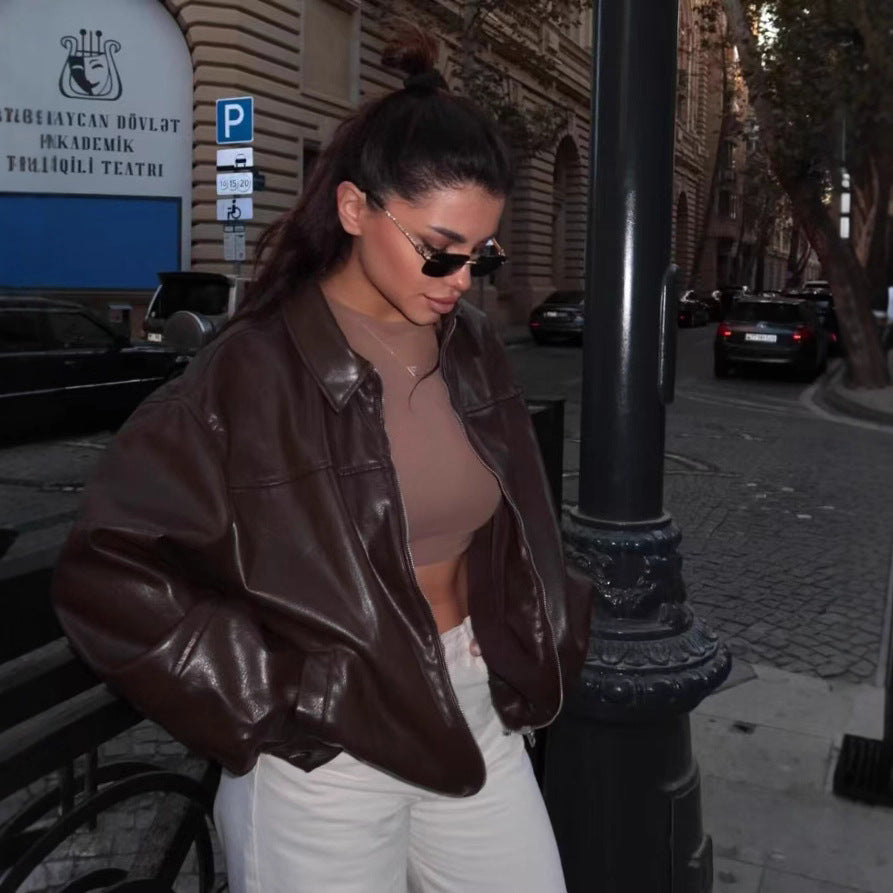 Versatile Faux-leather Bomber Jacket