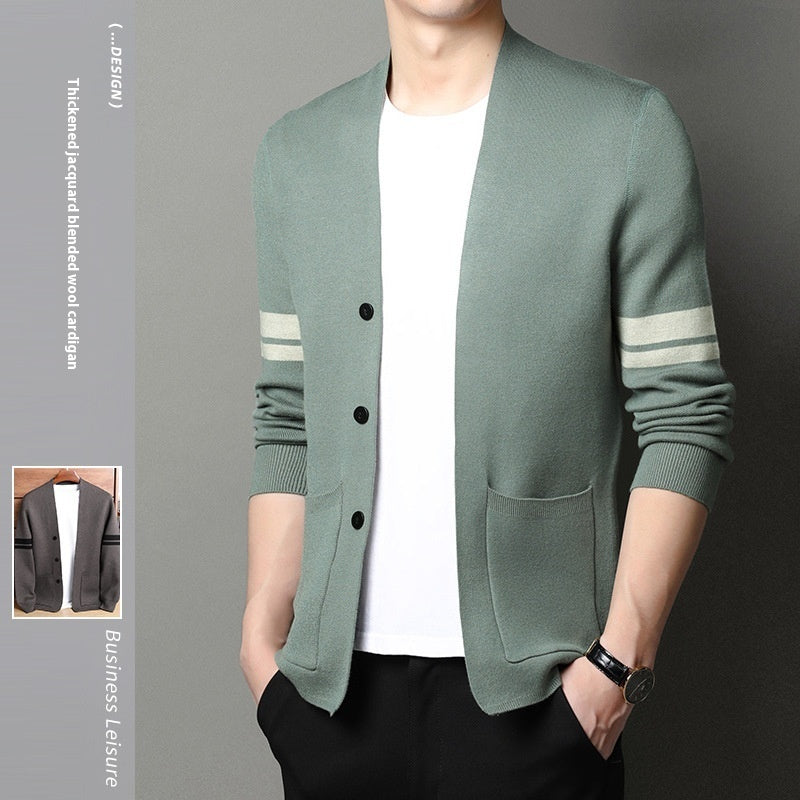 Fall Winter Men Long-sleeved Sweater Coat Thickened Blended Jacquard
