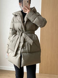 White Duck Down Coat Women's Mid-length Fashionable Tie-waist Thickened Puffer Jacket