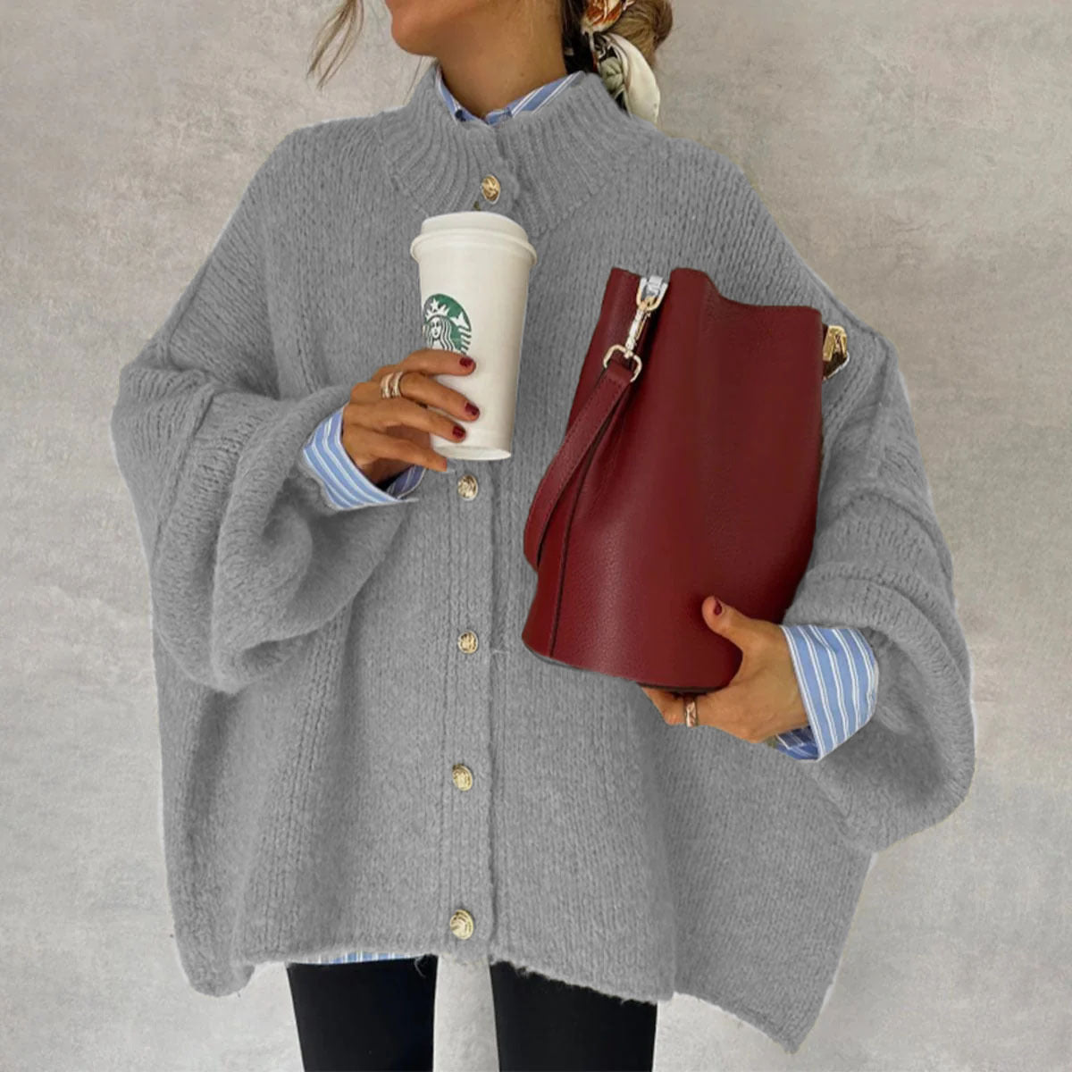 Autumn Winter Solid-Color Casual Knitted Cardigan With Buttons And Oversized Sleeves