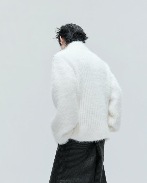 Turtleneck Plush Pearl Embellished Sweater Cardigan