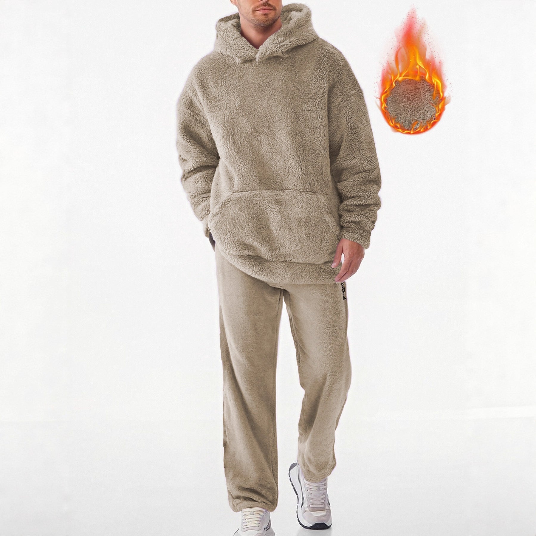 Men's Hooded Casual Loose-Fit Fashionable Personalized Coral Fleece Sweater Set