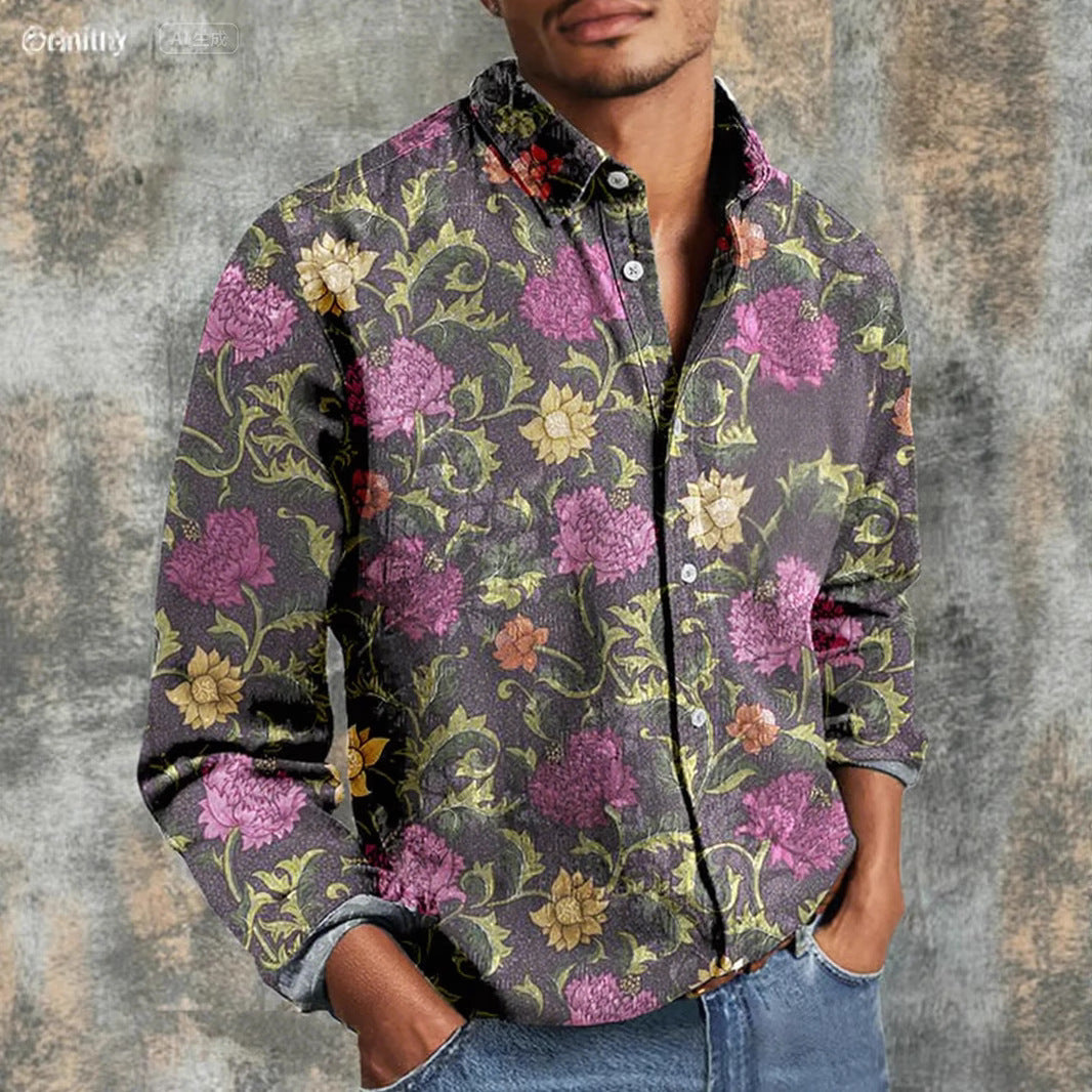 Retro Casual Printed Long Sleeve Men's Shirt