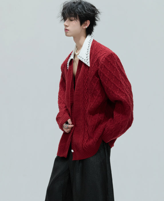 Vintage Handmade Pearl Padded Lapel Knitted Cardigan