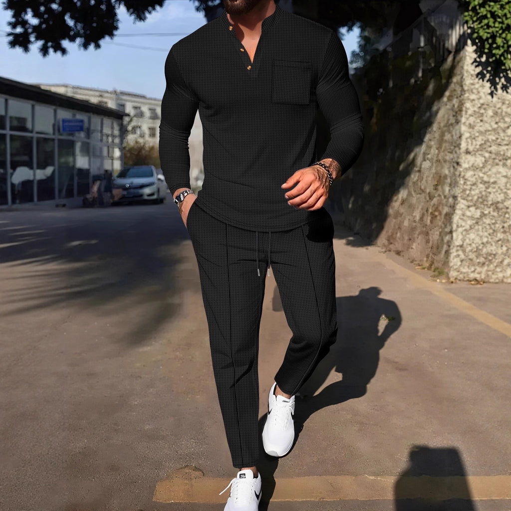 Men's Waffle Henley Neck Pants Long Sleeve T-Shirt Casual Set