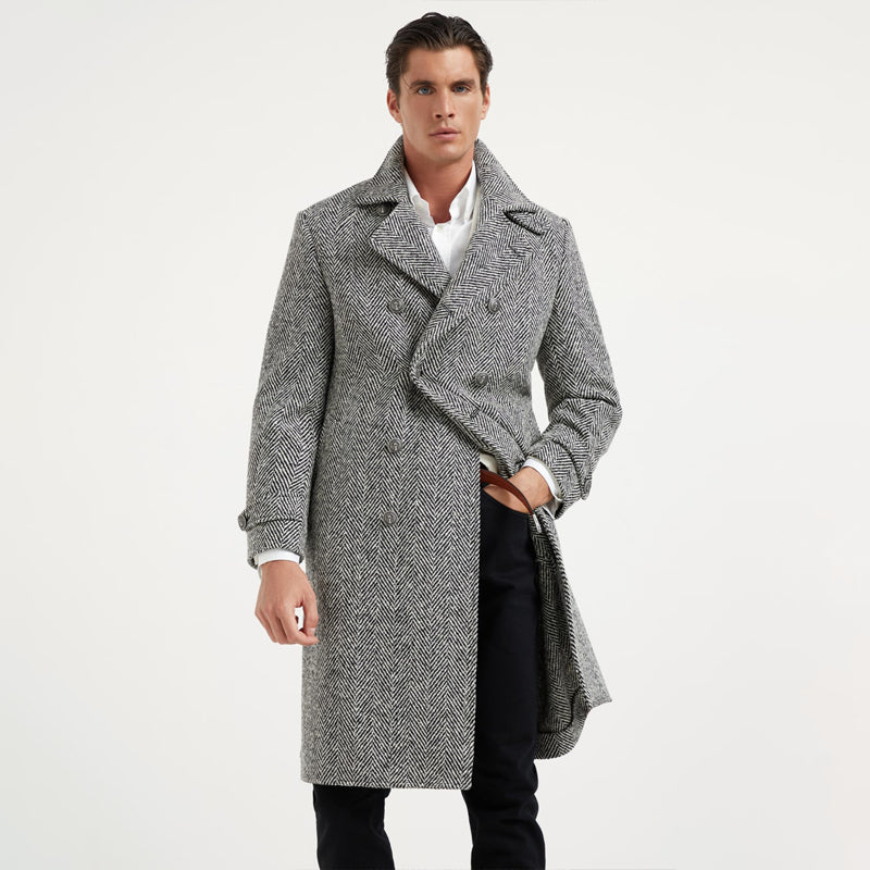 Men's Mid-length Double-breasted Tweed Overcoat