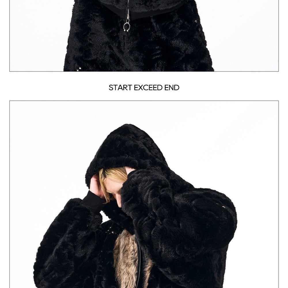 Color-blocked Heart-patterned Thick Faux Fur Hooded Jacket